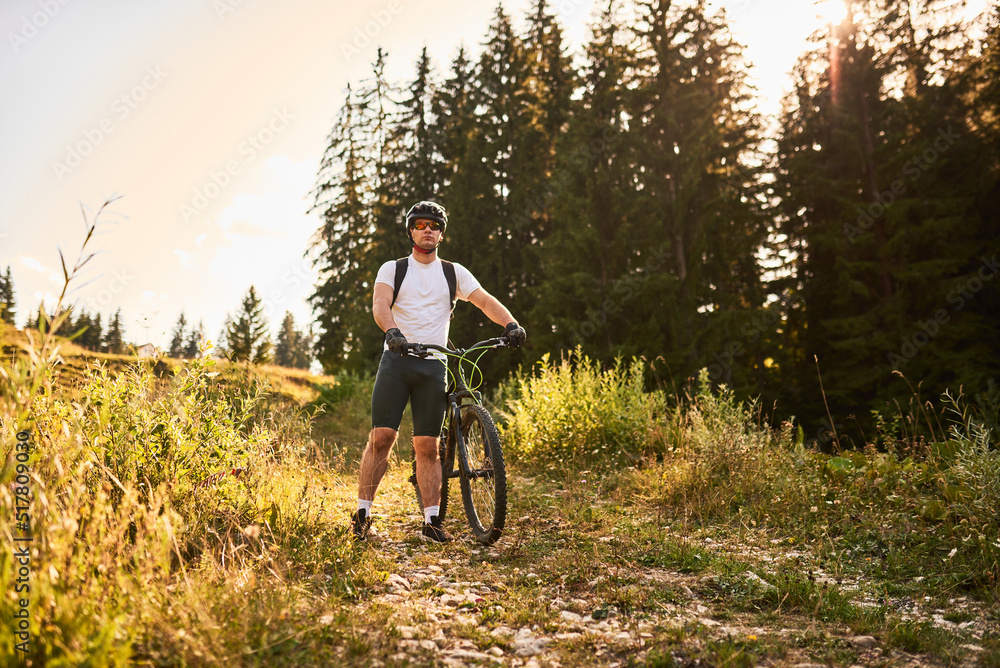 Fototapeta premium A cyclist rides a bike next to him through the forest roads
