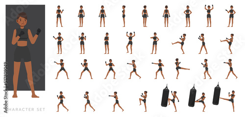 Big Set of Mixed Martial Arts woman character vector design. Presentation in various action with emotions, running, standing and walking.
