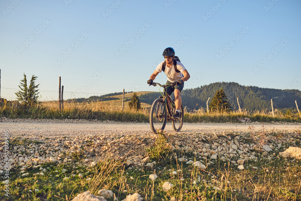 A cyclist rides a bike on forest roads at sunset