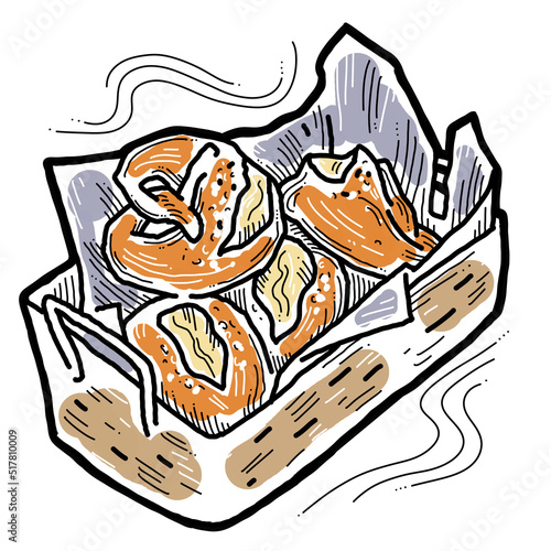 Tasty brezel for Oktoberfest celebration. Baked snack  bread for cafe  restaurant menu. Beer food for happy party people. Hand drawn illustration. Cartoon style line drawing.