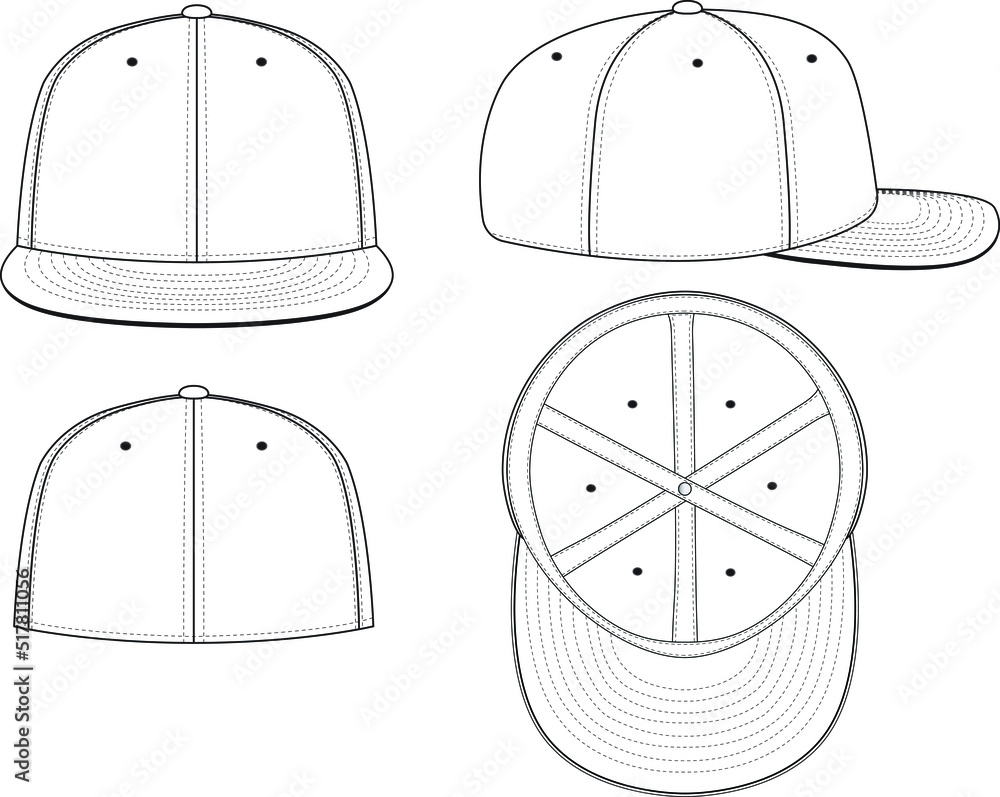 Vetor do Stock: Fitted Cap Hat Vector Technical Drawing Illustration Blank  Streetwear Mock-up Template for Design and Tech Packs CAD Brim Baseball Hat  | Adobe Stock