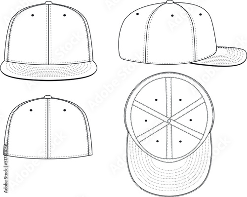Fitted Cap Hat Vector Technical Drawing Illustration Blank Streetwear Mock-up Template for Design and Tech Packs CAD Brim Baseball Hat