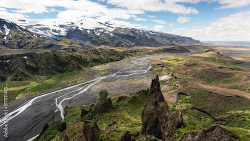 Landscape of Valahnúkur viewpoint hiking trail with mountain valley and river flowing through in icelandic highlands at Thórsmörk, Iceland photo