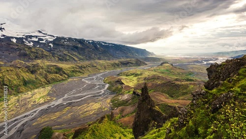 Landscape of Valahnúkur viewpoint hiking trail with mountain valley and river flowing through in icelandic highlands at Thórsmörk, Iceland photo