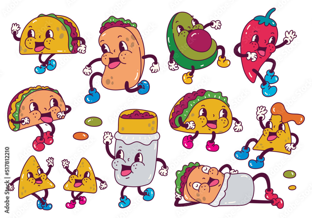 Set of junk food in retro cartoon style illustration, vintage character vector art collection