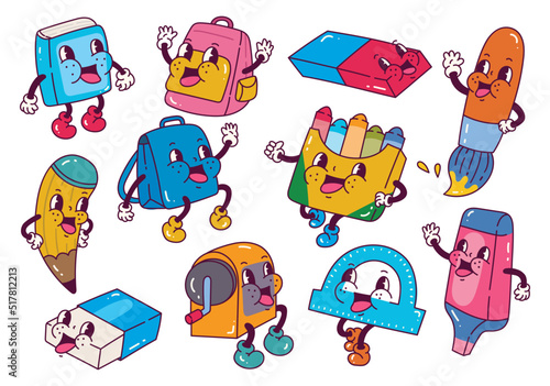 Set of school supplies in retro cartoon style illustration, vintage character vector art collection