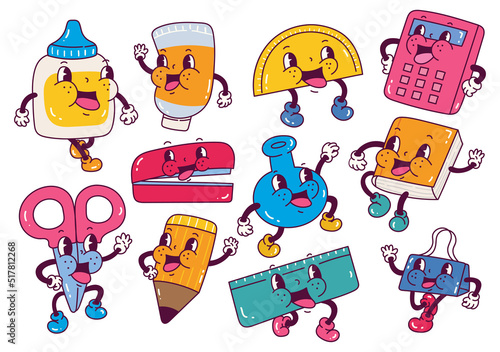 Set of school supplies in retro cartoon style illustration, vintage character vector art collection
