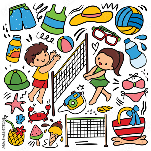Kid Playing Volley Beach Ball Cartoon Doodle Vector Clip Art