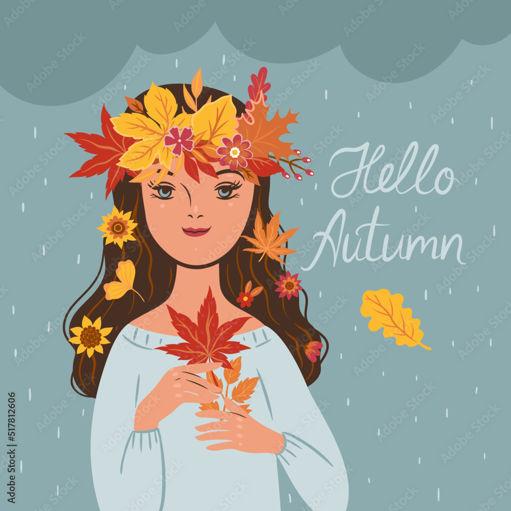 Autumn girl in a wreath of leaves and flowers. Vector graphics.