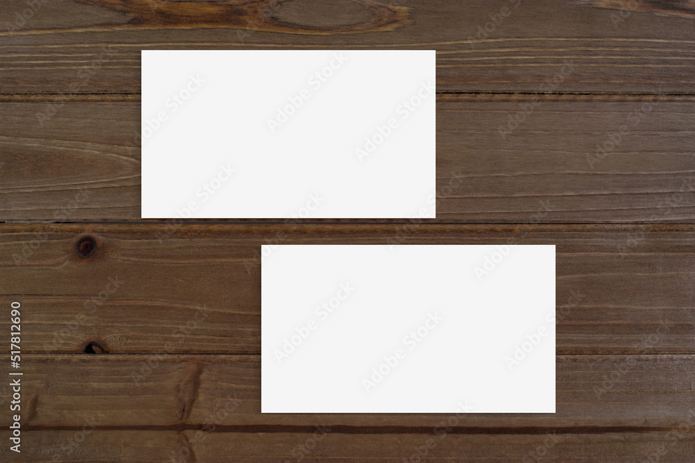 Double Sided Business Card Mockup on Brown Wood Double Sided Business Card Mockup on Brown Wood