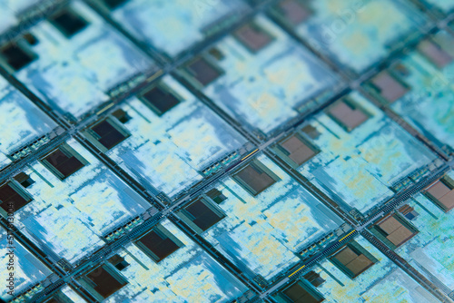 Vászonkép Silicon monocrystalline wafer with microchips after photolithography etching manufacturing used in fabrication of electronic integrated circuits