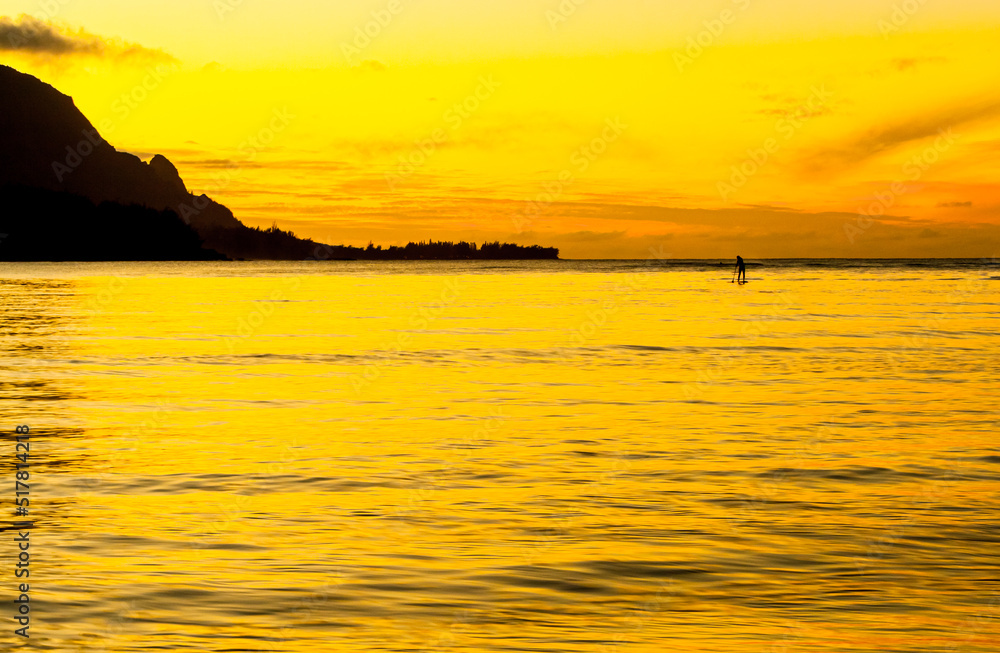 Silhouettes of Stand Up Paddle Boarders at Sunset on Hanalei Bay, Black Pot Beach, Kauai, Hawai,USA Silhouettes of Stand Up Paddle Boarders at Sunset on Hanalei Bay, Black Pot Beach, Kauai, Hawai,USA