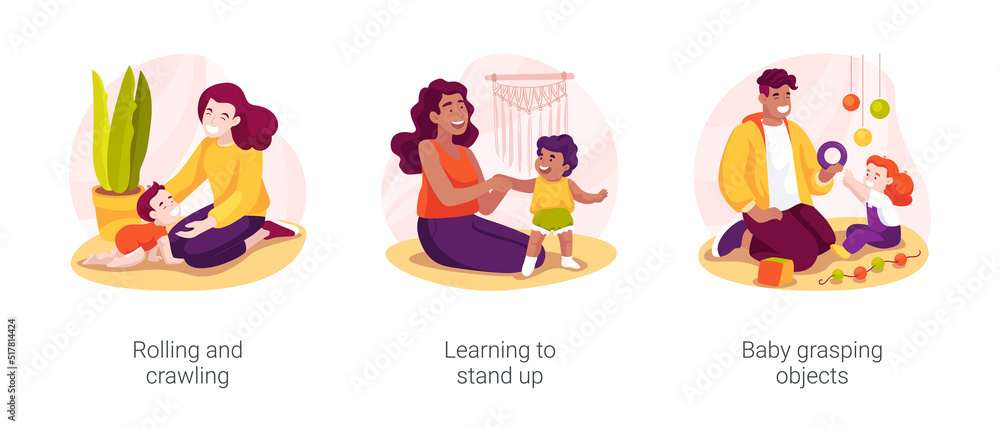 Infant development milestone isolated cartoon vector illustration set