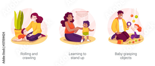 Infant development milestone isolated cartoon vector illustration set