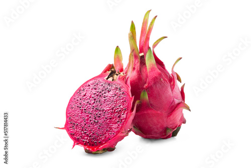 ripe red dragon fruit with half isolated on white.
