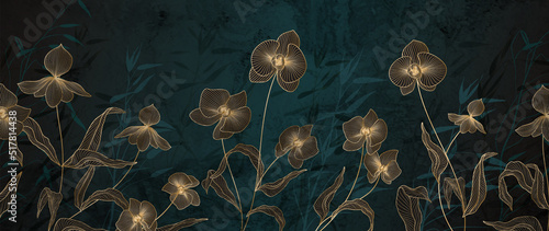 Luxury abstract art background with orchid flowers in golden line style. Botanical art hand drawn background for wallpaper design, print, decor, textile.