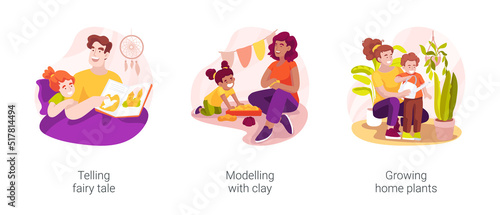 Creative skills development at home isolated cartoon vector illustration set