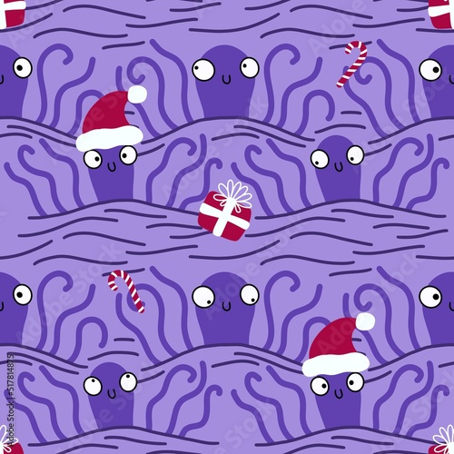 Christmas on the beach seamless cartoon octopus Santa hat pattern for clothes print and wrapping and kids