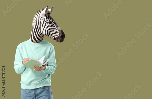 Man with head of zebra on color background