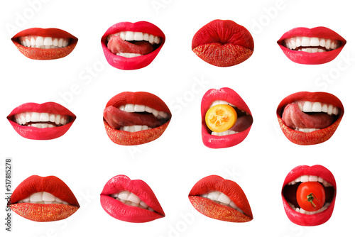 Set of red female lips on w...