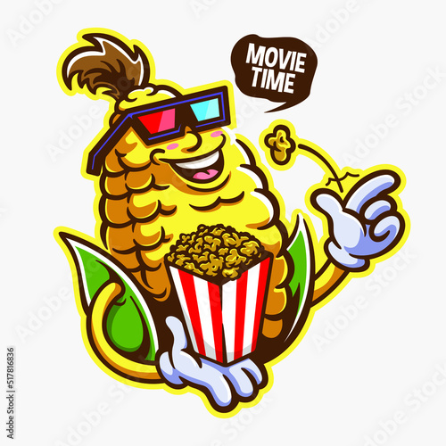 illustration of corn character with popcorn and 3d glasses