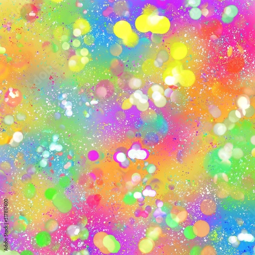 Neon, vibrant and intense rainbow painting decorated with chunky metallic foil confetti. Iridescent and blurred effect background. Magical visual effect. 