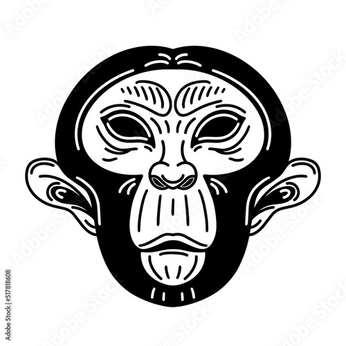 Monkey head vector icon. Black silhouette of a chimpanzee isolated on white. Symbol of the Chinese zodiac, monkeypox. Animal face monochrome outline. For logo, posters, labels
