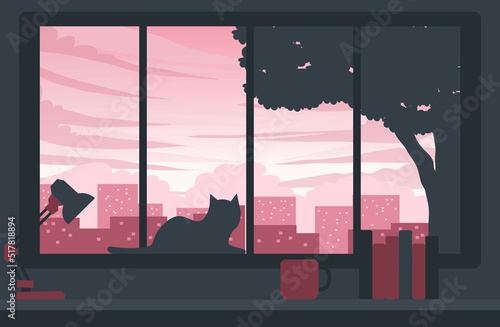 illustration of a sad cat in the window of the house