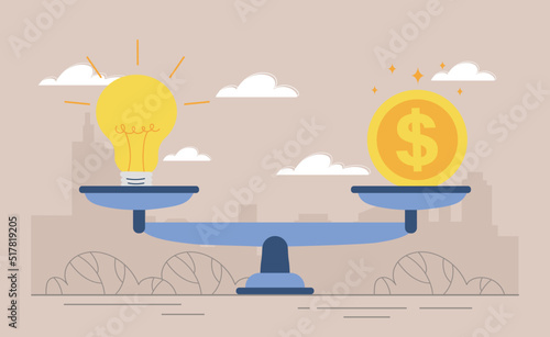 Business balance concept. Scales with light bulb and coin. Choice between finance and creativity. Analysis of marketing and promotion methods, start up or company. Cartoon flat vector illustration