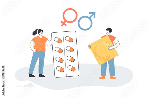 Tiny man and woman holding big blister pack and condom. Male and female symbols, husband and wife using contraceptives flat vector illustration. Family, birth control, protection concept
