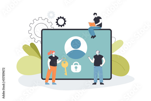 Tiny people trying to unlock laptop account. Woman with key and men standing at locked profile flat vector illustration. Protection of personal data concept for banner, website design or landing 