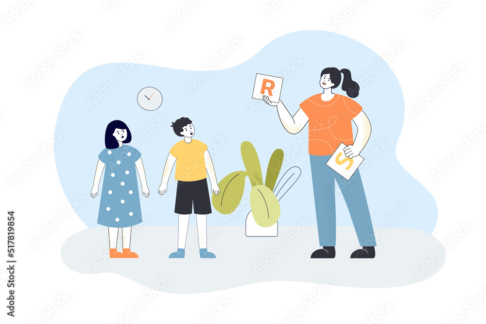 Female teacher showing letters to boy and girl. Woman teaching alphabet to kids at school flat vector illustration. Education, language concept for banner, website design or landing web page Female teacher showing letters to boy and girl. Woman teaching alphabet to kids at school flat vector illustration. Education, language concept for banner, website design or landing web page