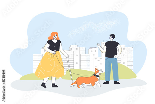 Man greeting blind woman walking with guide dog. Boy waving to young woman with disability outdoors flat vector illustration. Disability and companion animals concept for banner, website design