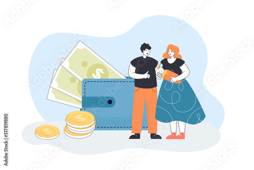 Young parents holding baby standing at purse with cash. Maternity pension or childbirth expanses flat vector illustration. Parenthood and finance concept for banner, website design or landing web page