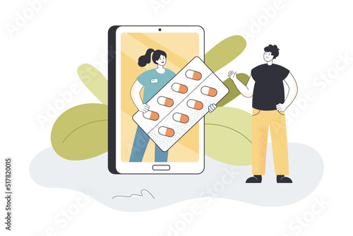 Online female medical consultant offering pills to man. Tiny male character standing at mobile phone buying medicine online flat vector illustration. Mobile app and medicine concept for banner