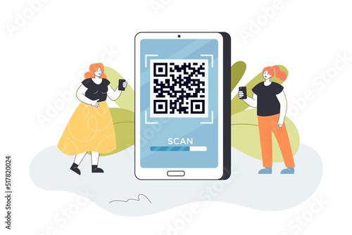 Two women standing next to big smartphone with QR code on screen. Girls paying by scanning barcode flat vector illustration. Technology, information, internet concept for banner or landing web page