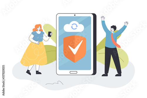 Man and woman next to big phone with shield symbol on screen. Protection of internet activity or personal information flat vector illustration. Internet, security, digital data concept for banner