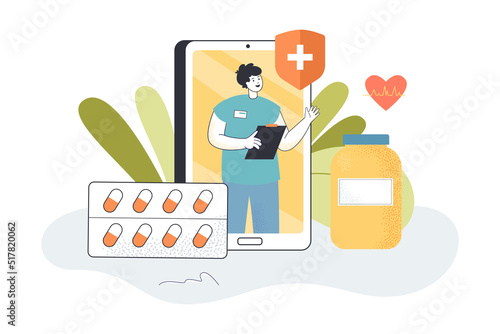 Online male medical consultant offering medicine for heart health. Mobile phone with cardiologist at blister and bottle flat vector illustration. Online medical consultation concept for banner