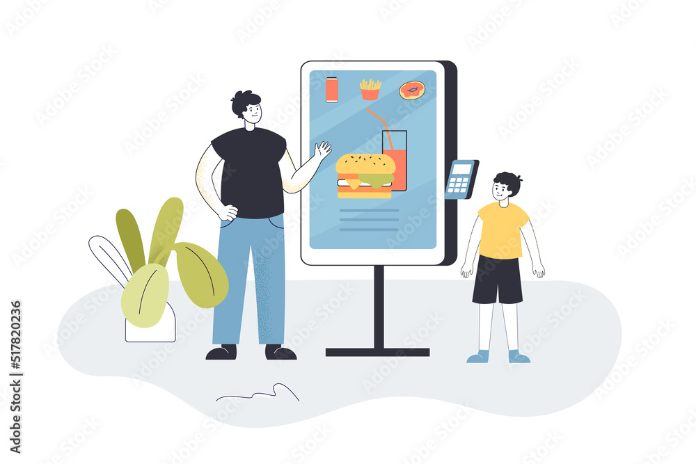 Father and son using self ordering kiosk at fast food restaurant. Self service payment machine or terminal flat vector illustration. Fast food, technology concept for banner or landing web page