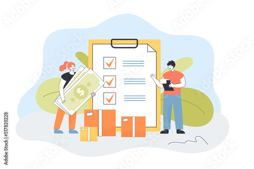 Woman giving money to courier checking delivery document. Tiny woman holding cash and man standing at check list and boxes flat vector illustration. Delivery service concept for banner, website design