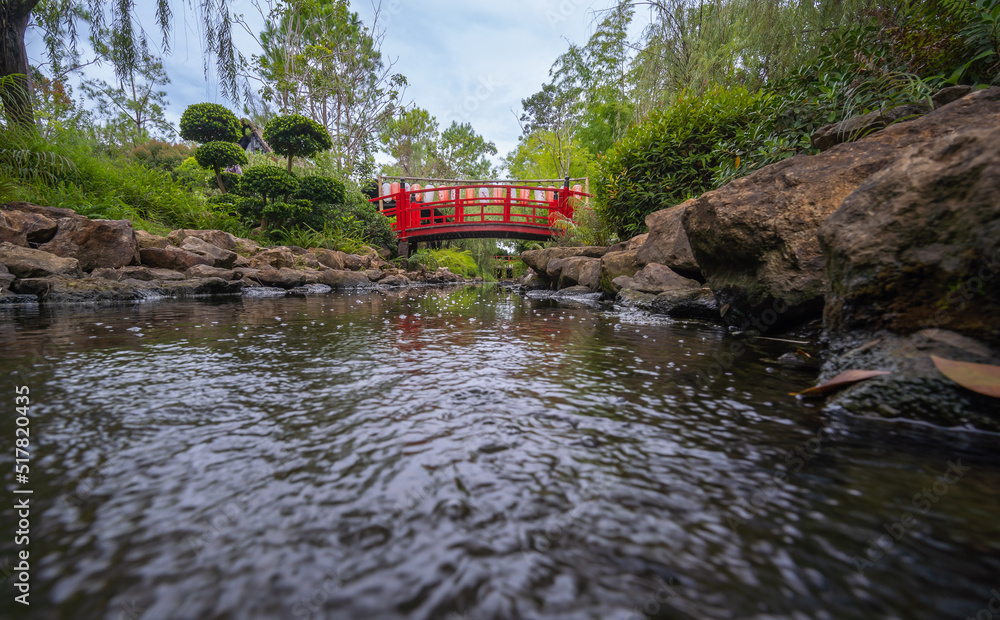 Japanese Red Bridge and pond in forest Japanese Red Bridge and pond in forest