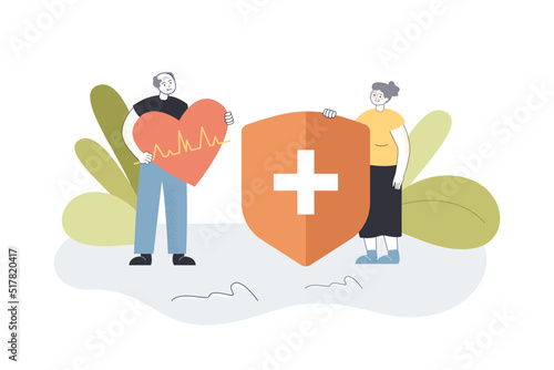 Elders with heart and shield as symbols of health and protection. Healthy old man and woman flat vector illustration. Elderly care, health, medicine concept for banner, website design or landing page