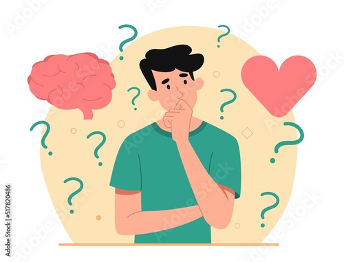 Difficult choice concept. Man looking for balance between logical thinking and emotions, brain and heart. Young guy looking for answers to questions in different ways. Cartoon flat vector illustration