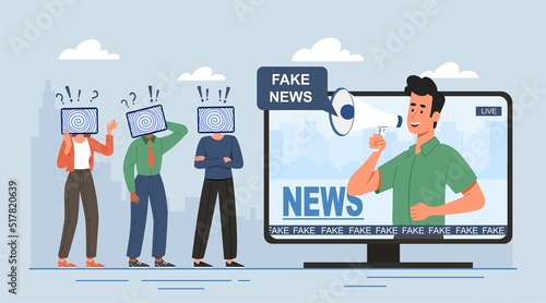 Fake news concept. Man with loudspeaker from screen addresses people with TVs on their heads. Brainwashing, hypnosis. Deception and lies, unscrupulous media. Cartoon flat vector illustration
