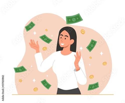Man with falling banknotes. Entrepreneur celebrates successful start up or project. Talented businesswoman or investor counting passive income, financial literacy. Cartoon flat vector illustration