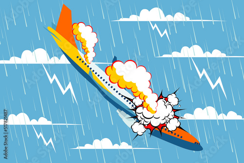 Airplane accident. The plane caught fire. Illustration of a plane crash