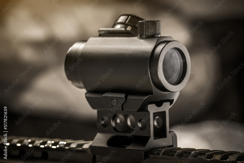 Fototapeta premium Aiming tactical red dot sight on AR15 assault rifle