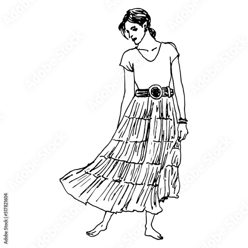 Pretty young barefoot woman standing in long tiered summer skirt fluttering in the wind. Female portrait. Hand drawn linear doodle rough sketch. Black silhouette on white background.