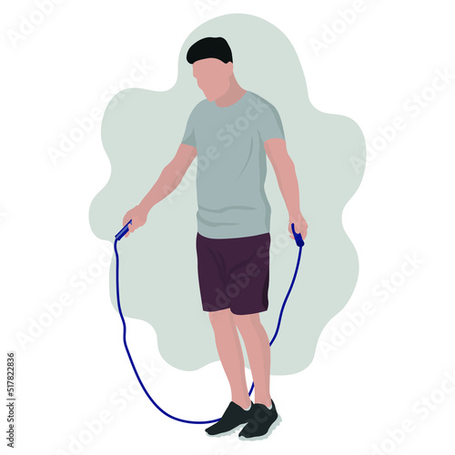 Sporty man with skipping rope on white background