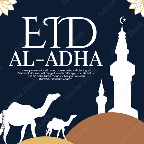 Eid mubarak with navy background color social media post, holy day islamic social media post or ramadan kareem banner, geometric shape design background space for text